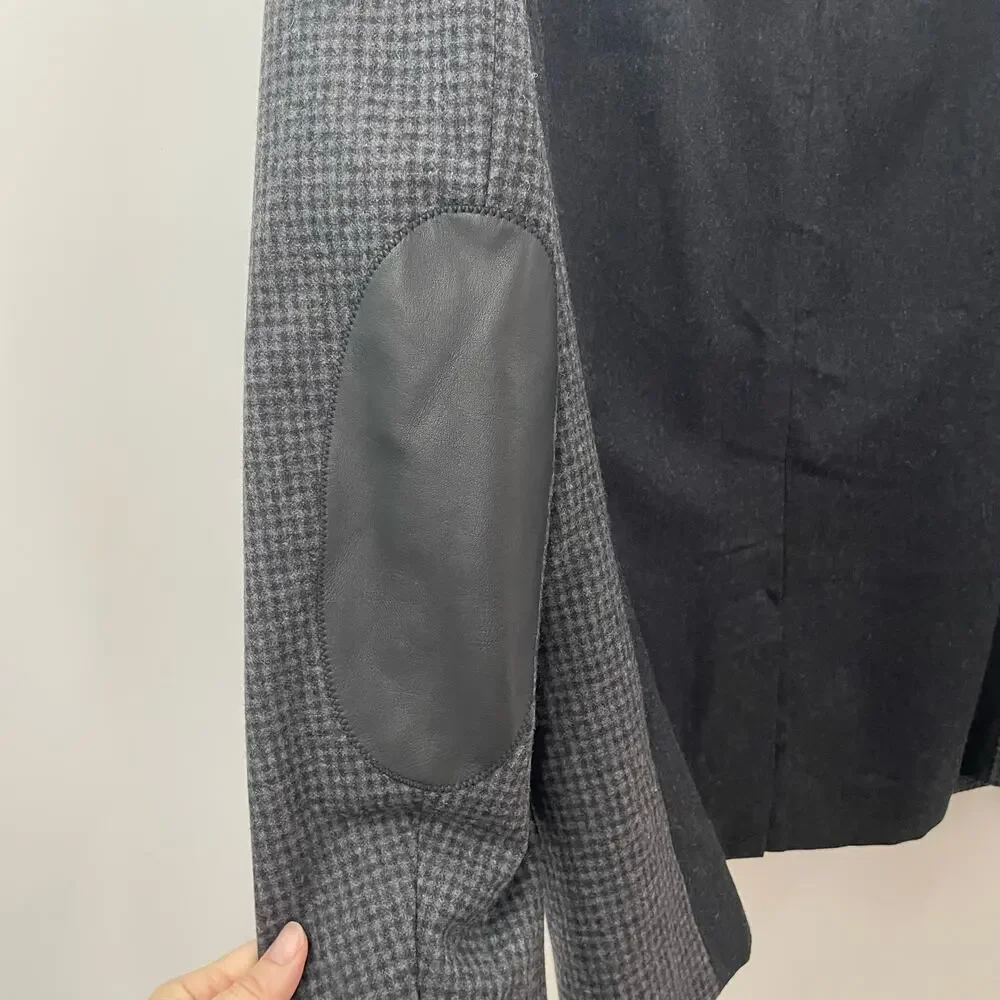 AllSaints Men’s 40 Suit Coat Blazer Wool Blend Leather Elbow Patches Gray Black